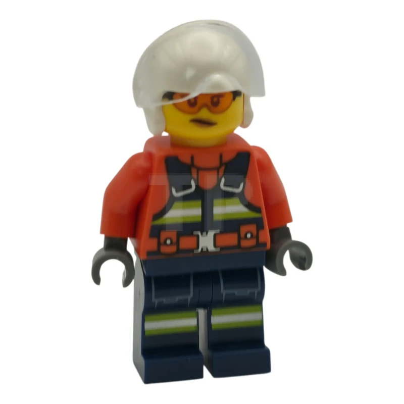 LEGO&reg; cty1957 Coast Guard City Helicopter Pilot - Female, Reddish Orange Jacket with Dark Blue Safety Vest, Dark Blue Legs with Pockets and Reflective Stripes, White Flight Helmet