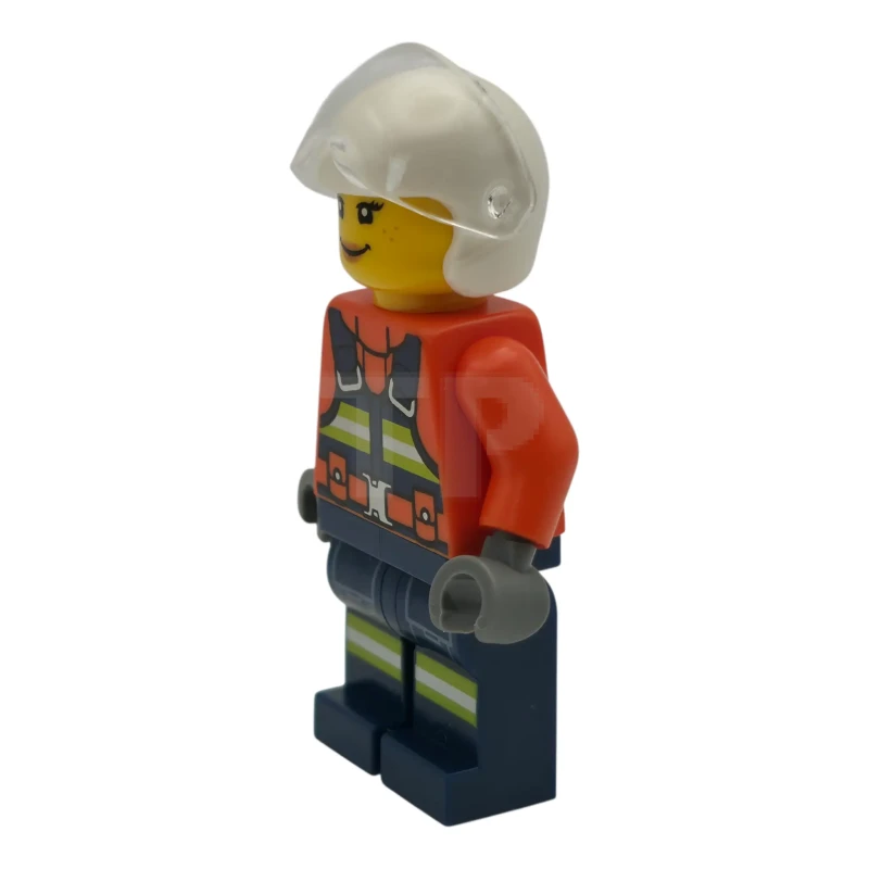 LEGO&reg; cty1957 Coast Guard City Helicopter Pilot - Female, Reddish Orange Jacket with Dark Blue Safety Vest, Dark Blue Legs with Pockets and Reflective Stripes, White Flight Helmet