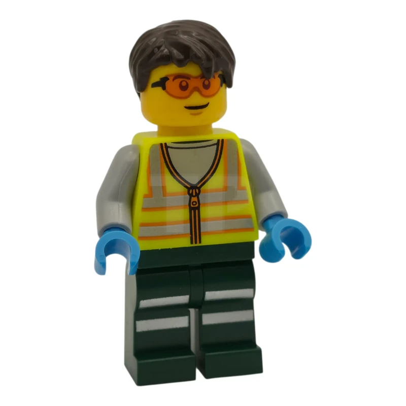 LEGO&reg; cty1973 Vrachtwagenchauffeur - Man, neongeel veiligheidsvest met reflecterende strepen, donkergroene benen met reflecterende strepen, donkerbruin haar