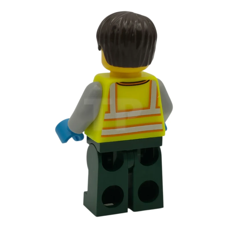 LEGO&reg; cty1973 Vrachtwagenchauffeur - Man, neongeel veiligheidsvest met reflecterende strepen, donkergroene benen met reflecterende strepen, donkerbruin haar