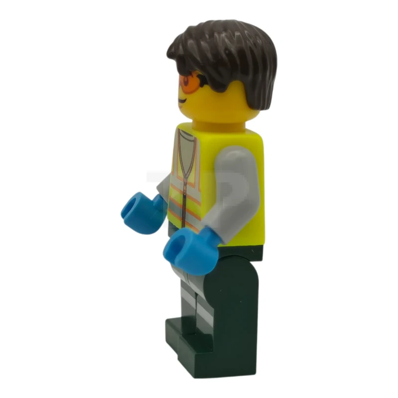 LEGO&reg; cty1973 Vrachtwagenchauffeur - Man, neongeel veiligheidsvest met reflecterende strepen, donkergroene benen met reflecterende strepen, donkerbruin haar