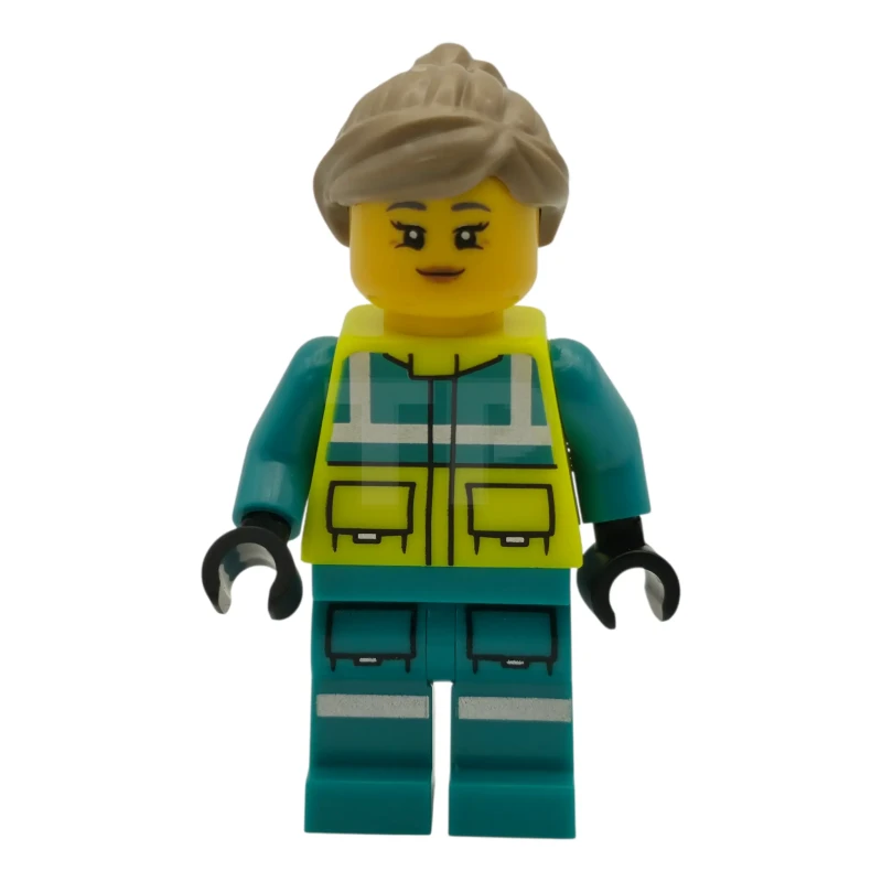 LEGO&reg; cty1975 Paramedic - Female, Dark Turquoise and Neon Yellow Safety Vest, Legs with Silver Reflective Stripes, Dark Tan Hair