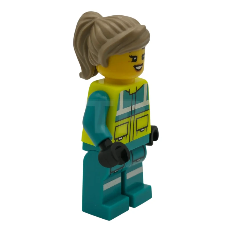 LEGO&reg; cty1975 Paramedic - Female, Dark Turquoise and Neon Yellow Safety Vest, Legs with Silver Reflective Stripes, Dark Tan Hair
