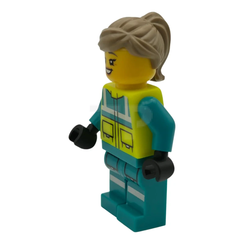 LEGO&reg; cty1975 Paramedic - Female, Dark Turquoise and Neon Yellow Safety Vest, Legs with Silver Reflective Stripes, Dark Tan Hair