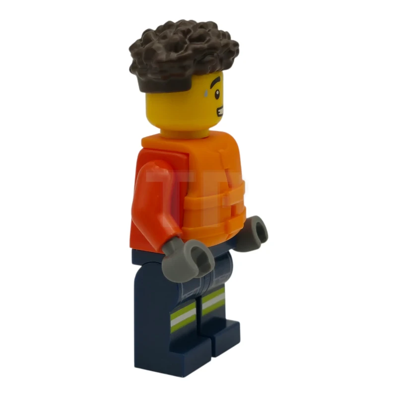 LEGO&reg; cty1974 Coast Guard City - Male, Reddish Orange Jacket with Pockets and Reflective Stripes, Dark Blue Legs with Pockets and Reflective Stripes, Orange Life Jacket, Dark Brown Hair