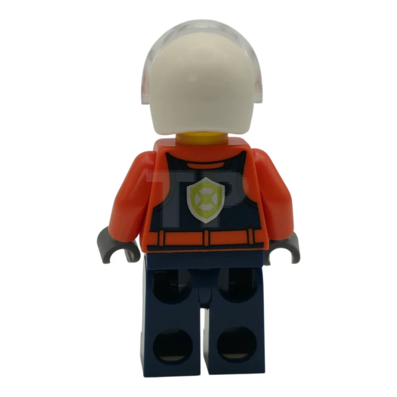 LEGO&reg; cty1960 Coast Guard City Helicopter Pilot - Male, Reddish Orange Jacket with Dark Blue Safety Vest, Dark Blue Legs with Pockets and Reflective Stripes, White Flight Helmet
