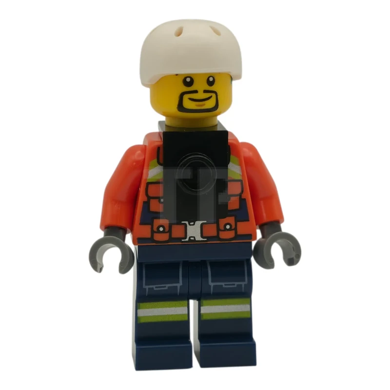 LEGO&reg; cty1963 Coast Guard City - Male, Reddish Orange Jacket with Pockets and Reflective Stripes, Dark Blue Legs with Pockets and Reflective Stripes, White Sports Helmet, Black Neck Bracket