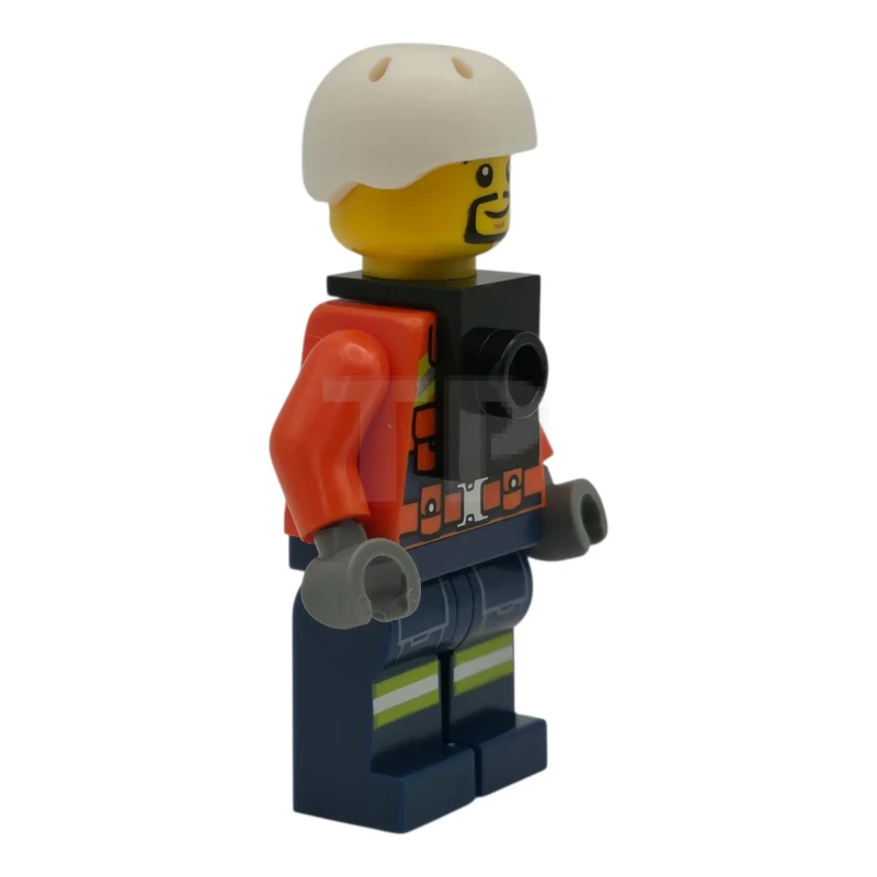 LEGO&reg; cty1963 Coast Guard City - Male, Reddish Orange Jacket with Pockets and Reflective Stripes, Dark Blue Legs with Pockets and Reflective Stripes, White Sports Helmet, Black Neck Bracket