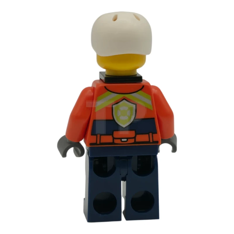 LEGO&reg; cty1963 Coast Guard City - Male, Reddish Orange Jacket with Pockets and Reflective Stripes, Dark Blue Legs with Pockets and Reflective Stripes, White Sports Helmet, Black Neck Bracket