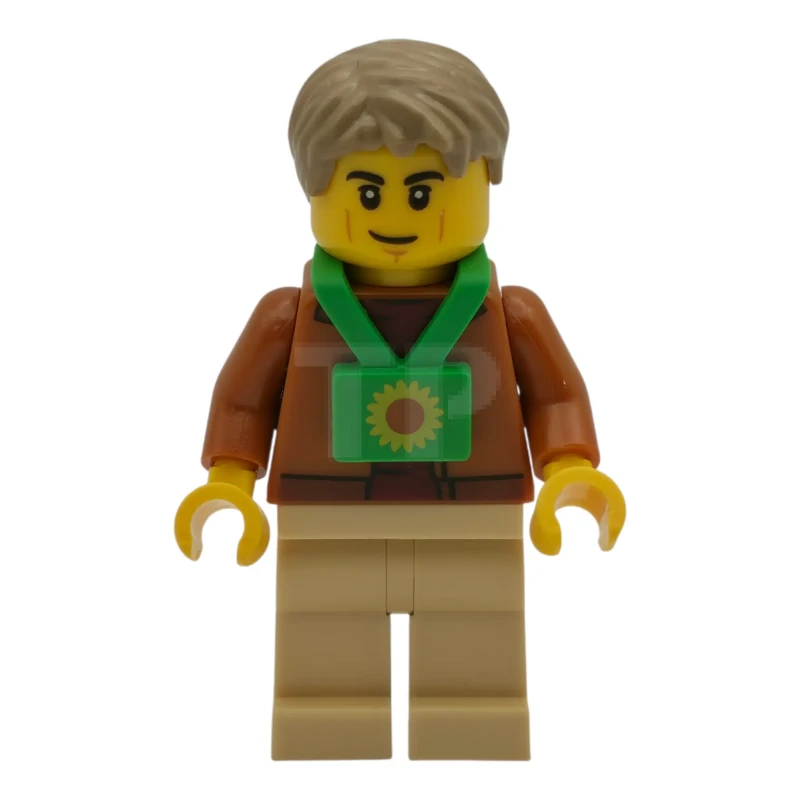 LEGO&reg; cty1978 Plane Passenger - Male, Dark Orange Jacket, Tan Legs, Bright Green Sunflower Lanyard, Dark Tan Hair