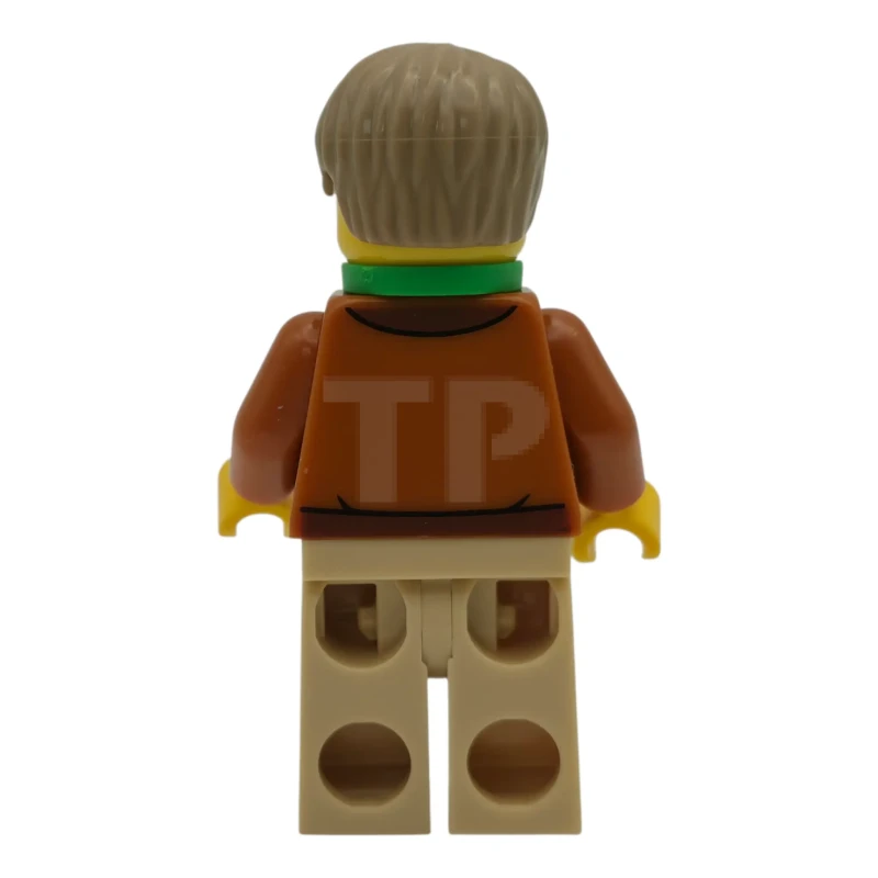 LEGO&reg; cty1978 Plane Passenger - Male, Dark Orange Jacket, Tan Legs, Bright Green Sunflower Lanyard, Dark Tan Hair