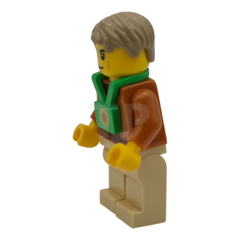 LEGO&reg; cty1978 Plane Passenger - Male, Dark Orange Jacket, Tan Legs, Bright Green Sunflower Lanyard, Dark Tan Hair