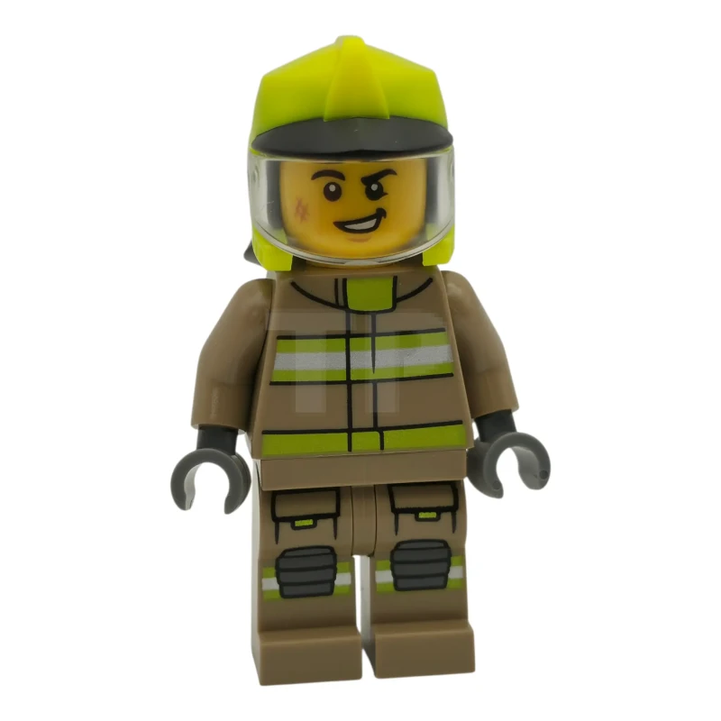 LEGO&reg; cty1947 Fire - Female, Dark Tan Jacket and Legs with Reflective Stripes, Neon Yellow Fire Helmet, Trans-Clear Visor, Nougat Lips Smirk