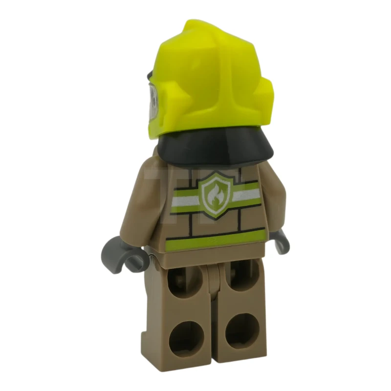 LEGO&reg; cty1947 Fire - Female, Dark Tan Jacket and Legs with Reflective Stripes, Neon Yellow Fire Helmet, Trans-Clear Visor, Nougat Lips Smirk