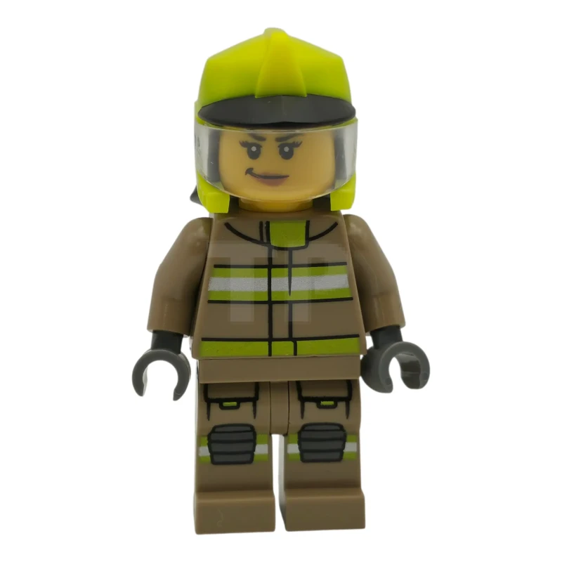 LEGO&reg; cty1949 Fire - Female, Dark Tan Jacket and Legs with Reflective Stripes, Neon Yellow Fire Helmet, Trans-Clear Visor, Open Mouth Smile