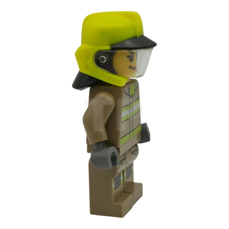 LEGO&reg; cty1949 Fire - Female, Dark Tan Jacket and Legs with Reflective Stripes, Neon Yellow Fire Helmet, Trans-Clear Visor, Open Mouth Smile