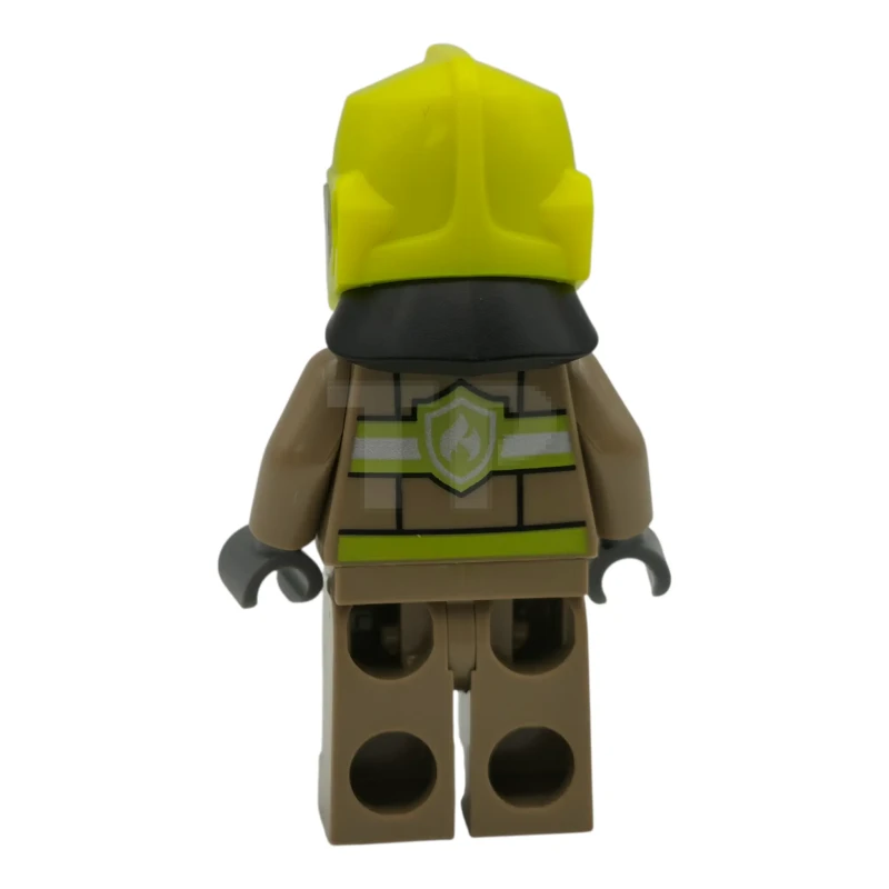 LEGO&reg; cty1949 Fire - Female, Dark Tan Jacket and Legs with Reflective Stripes, Neon Yellow Fire Helmet, Trans-Clear Visor, Open Mouth Smile