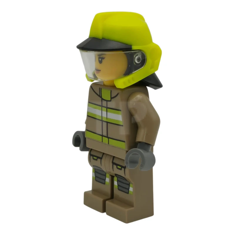 LEGO&reg; cty1949 Fire - Female, Dark Tan Jacket and Legs with Reflective Stripes, Neon Yellow Fire Helmet, Trans-Clear Visor, Open Mouth Smile