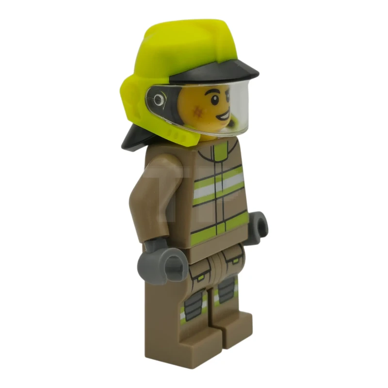 LEGO&reg; cty1950 Fire - Male, Dark Tan Jacket and Legs with Reflective Stripes, Neon Yellow Fire Helmet, Trans-Clear Visor, Scuff Mark