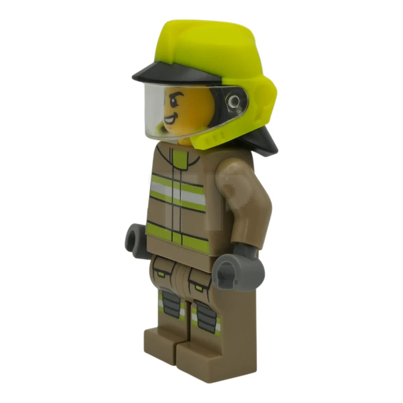 LEGO&reg; cty1950 Fire - Male, Dark Tan Jacket and Legs with Reflective Stripes, Neon Yellow Fire Helmet, Trans-Clear Visor, Scuff Mark