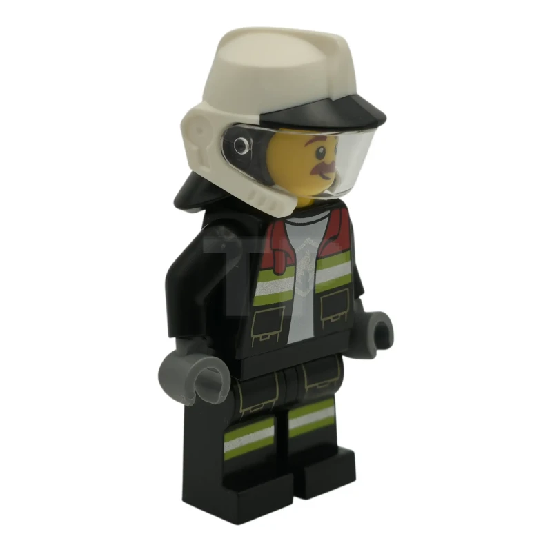 LEGO&reg; cty1948 Fire - Male, Black Open Jacket and Legs with Reflective Stripes and Red Collar, White Fire Helmet, Trans-Clear Visor, Reddish Brown Moustache