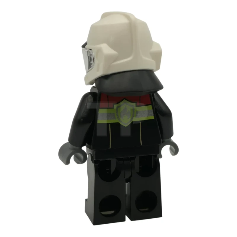 LEGO&reg; cty1948 Fire - Male, Black Open Jacket and Legs with Reflective Stripes and Red Collar, White Fire Helmet, Trans-Clear Visor, Reddish Brown Moustache