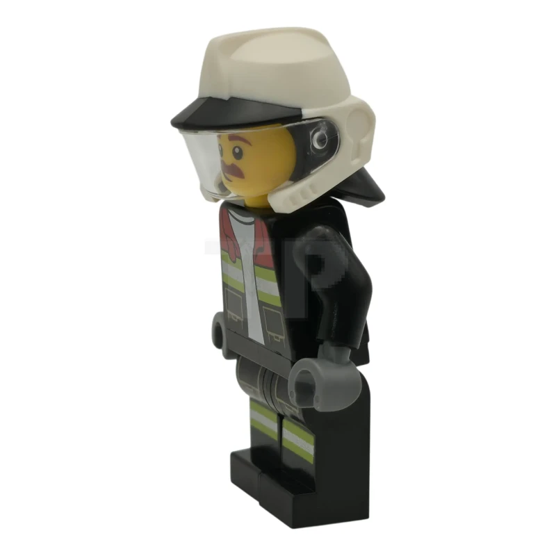 LEGO&reg; cty1948 Fire - Male, Black Open Jacket and Legs with Reflective Stripes and Red Collar, White Fire Helmet, Trans-Clear Visor, Reddish Brown Moustache