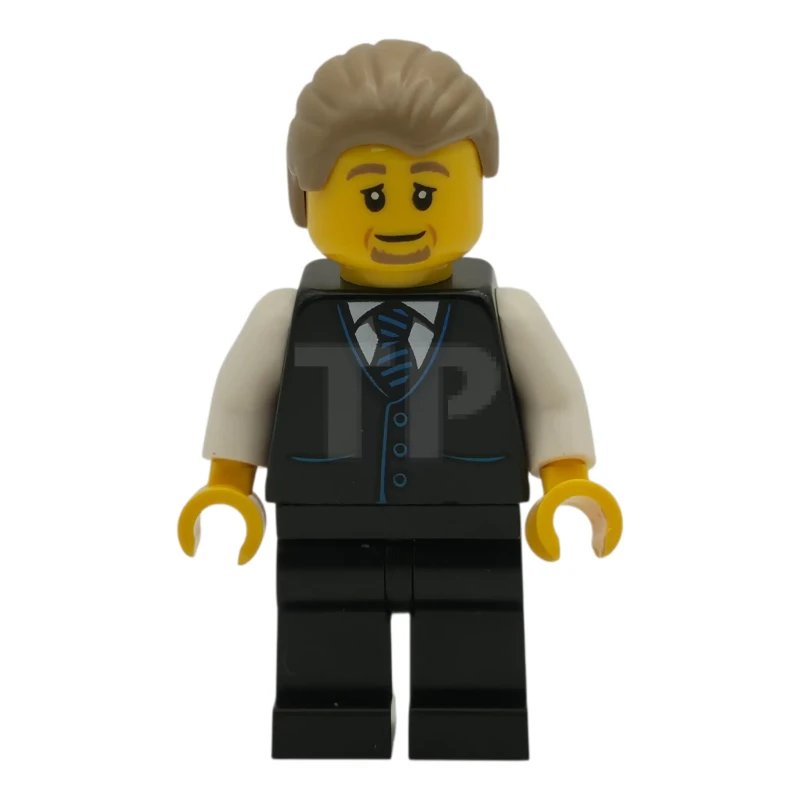 LEGO&reg; cty1982 Air Traffic Controller - Male, Black Vest with Blue Striped Tie, Black Legs, Dark Tan Hair Combed