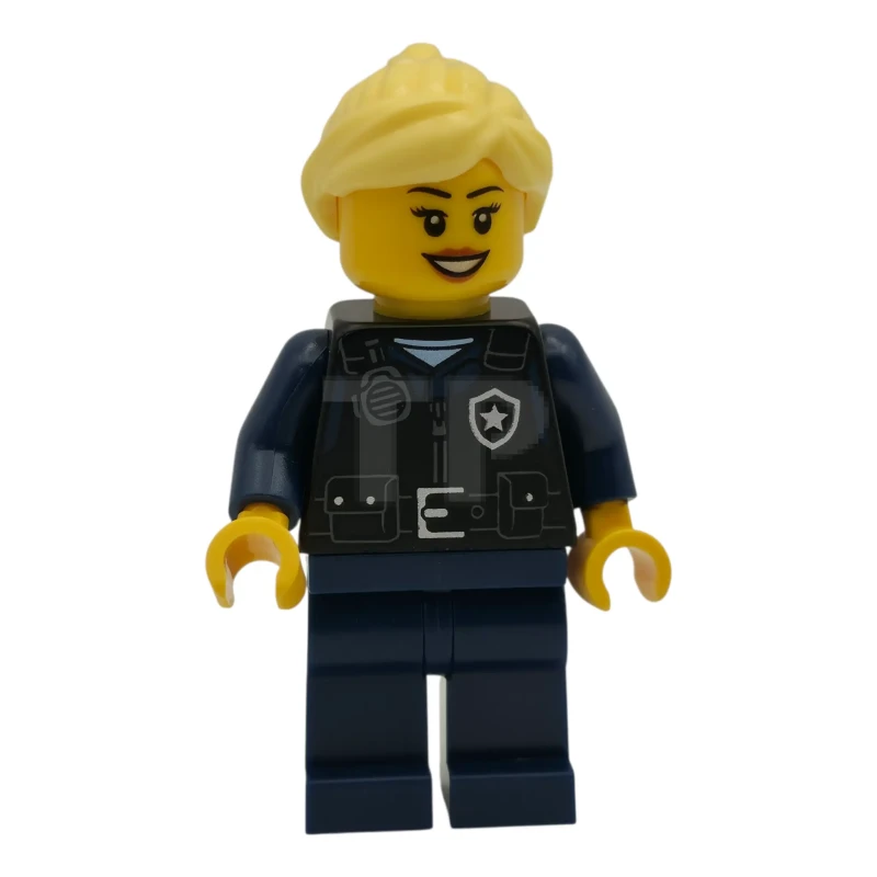 LEGO&reg; cty1979 Airport Security Guard - Female, Black Safety Vest with Silver Star Bad Logo, Dark Blue Legs, Bright Light Yellow Hair Ponytail