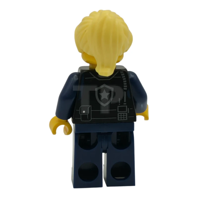 LEGO&reg; cty1979 Flughafensicherheitswache - weiblich, schwarze Sicherheitsweste mit silbernem Star Bad Logo, dunkelblaue Beine, hellgelber Pferdeschwanz