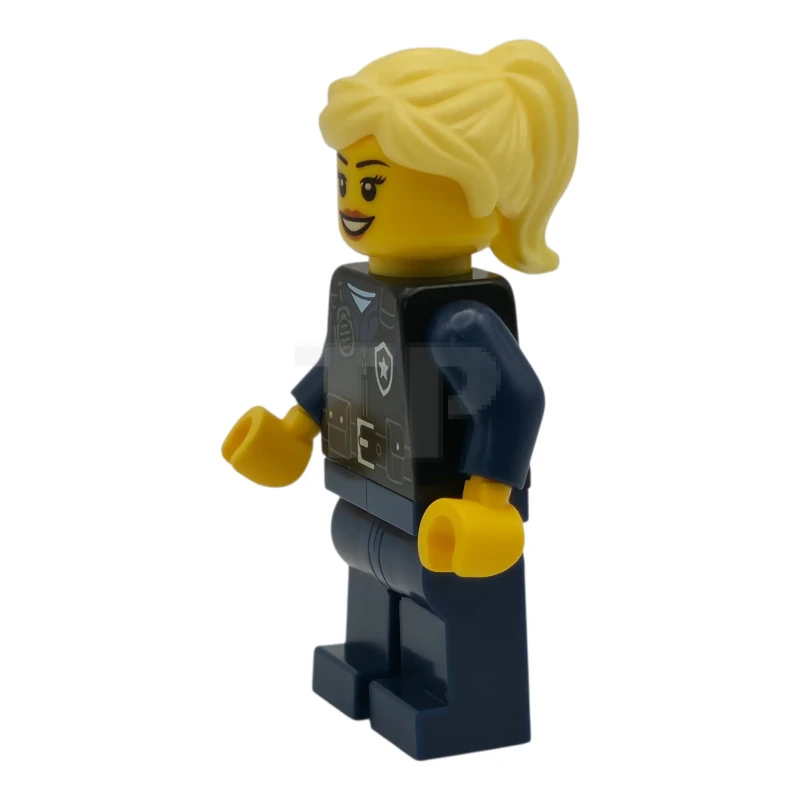 LEGO&reg; cty1979 Flughafensicherheitswache - weiblich, schwarze Sicherheitsweste mit silbernem Star Bad Logo, dunkelblaue Beine, hellgelber Pferdeschwanz