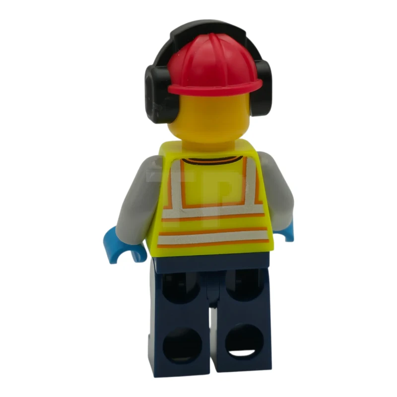 LEGO&reg; cty1976 Airport Worker - Male, Neon Yellow Safety Vest with Reflective Stripes, Dark Blue Legs, Red Construction Helmet with Black Ear Protectors / Headphones, Stubble