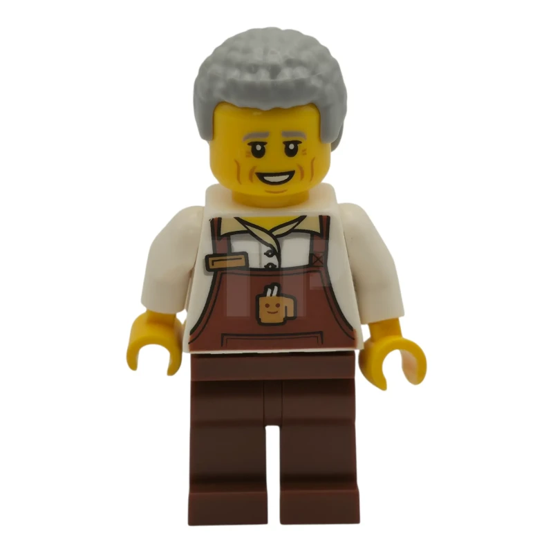 LEGO&reg; cty1981 Barista - Male, Reddish Brown Apron with Cup and Name Tag, Reddish Brown Legs, Light Bluish Gray Hair Coiled