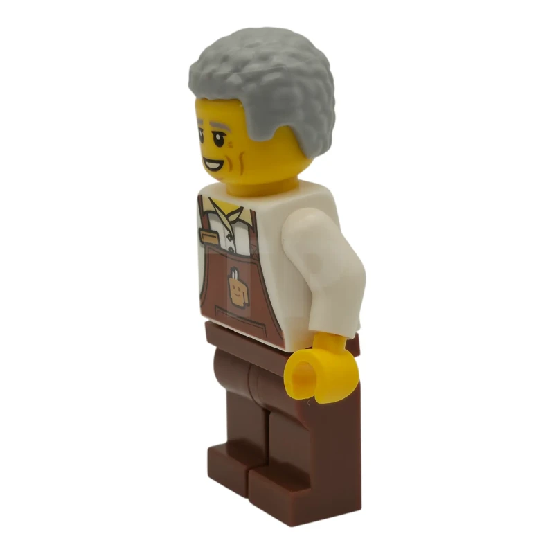 LEGO&reg; cty1981 Barista - Male, Reddish Brown Apron with Cup and Name Tag, Reddish Brown Legs, Light Bluish Gray Hair Coiled