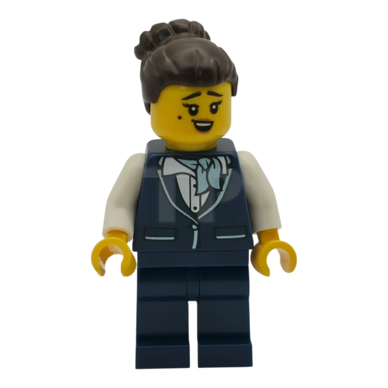 LEGO&reg; cty1984 Flight Attendant - Female, Dark Blue Vest, Dark Blue Legs, Dark Brown Hair Bun
