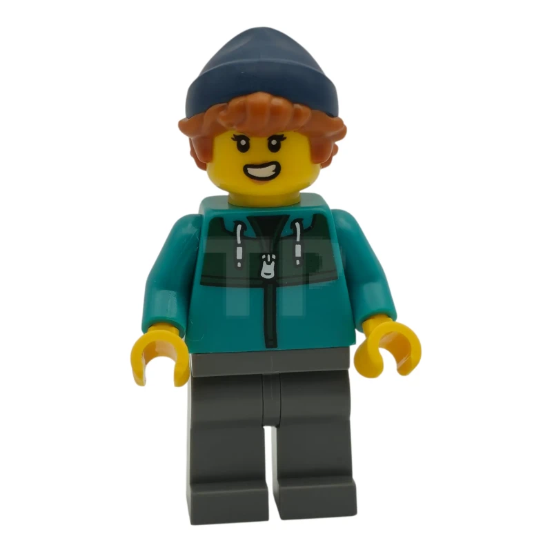 LEGO&reg; cty1983 Plane Passenger - Female, Dark Turquoise Jacket with Dark Green Panel, Dark Bluish Gray Legs, Dark Blue Beanie