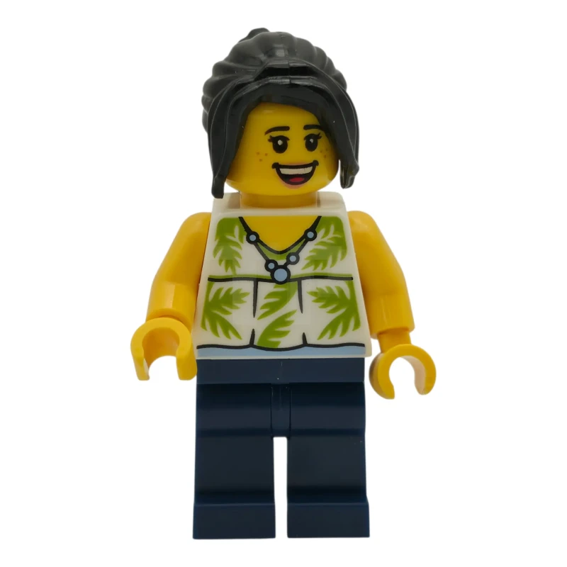 LEGO&reg; cty1980 Plane Passenger - Female, White Sleeveless Top with Lime Palm Leaves, Dark Blue Legs, Black Hair Ponytail