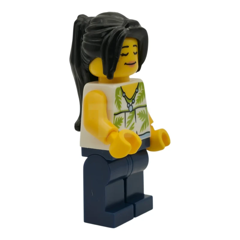 LEGO&reg; cty1980 Plane Passenger - Female, White Sleeveless Top with Lime Palm Leaves, Dark Blue Legs, Black Hair Ponytail