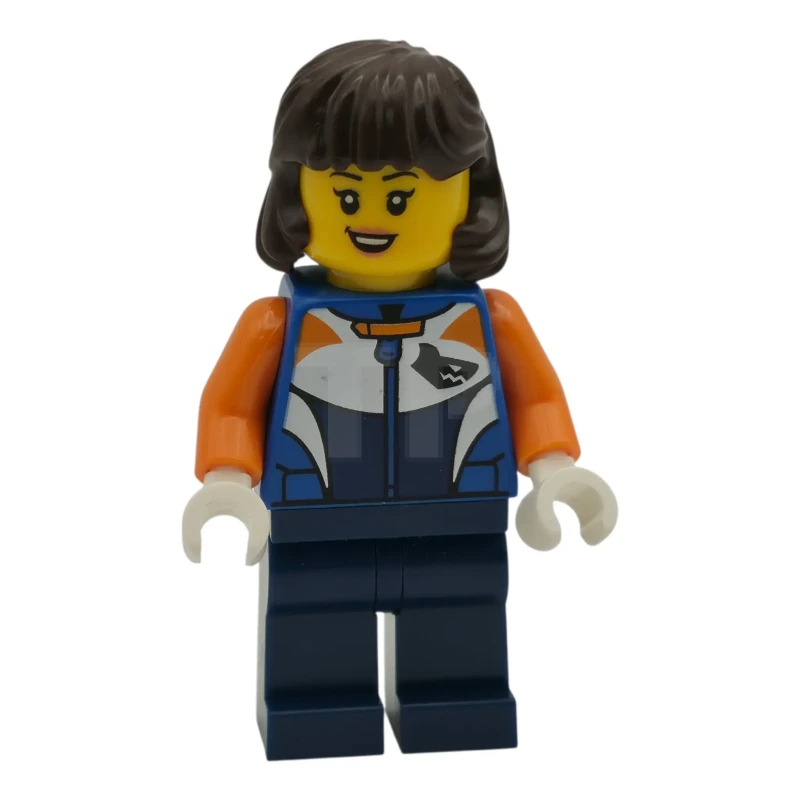 LEGO&reg; cty1997 Racer - vrouw, racepak met haaienkop logo, donkerblauwe benen, donkerbruin haar halflang