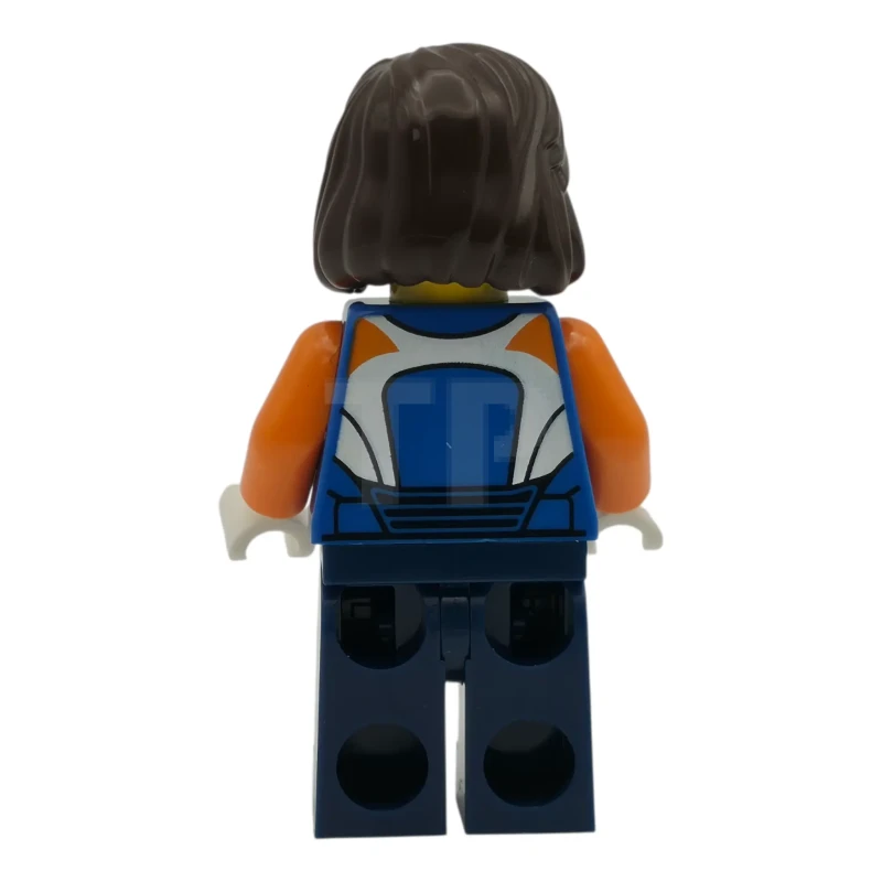 LEGO&reg; cty1997 Racer - vrouw, racepak met haaienkop logo, donkerblauwe benen, donkerbruin haar halflang