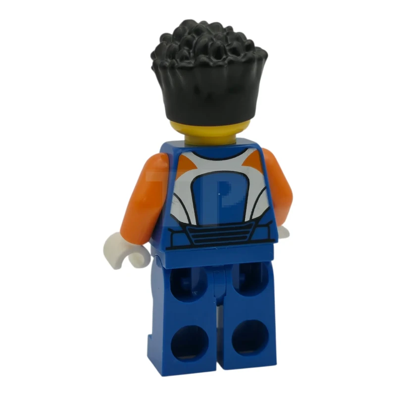 LEGO&reg; cty1996 Coureur à vélo - Homme, combinaison de course avec logo en forme de tête de requin, jambes bleues, cheveux noirs courts