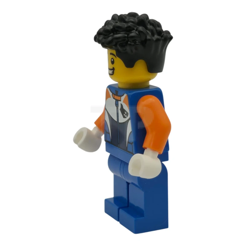 LEGO&reg; cty1996 Coureur à vélo - Homme, combinaison de course avec logo en forme de tête de requin, jambes bleues, cheveux noirs courts