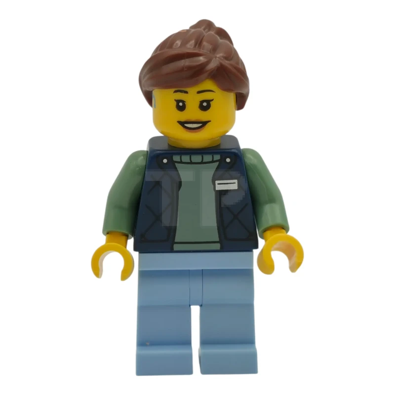 LEGO&reg; cty1952 Delivery Worker - Female, Dark Blue Bodywarmer over Sand Green Sweater, Bright Light Blue Legs, Reddish Brown Hair, Hearing Aid