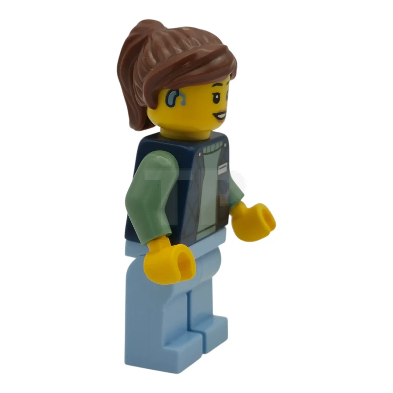 LEGO&reg; cty1952 Delivery Worker - Female, Dark Blue Bodywarmer over Sand Green Sweater, Bright Light Blue Legs, Reddish Brown Hair, Hearing Aid