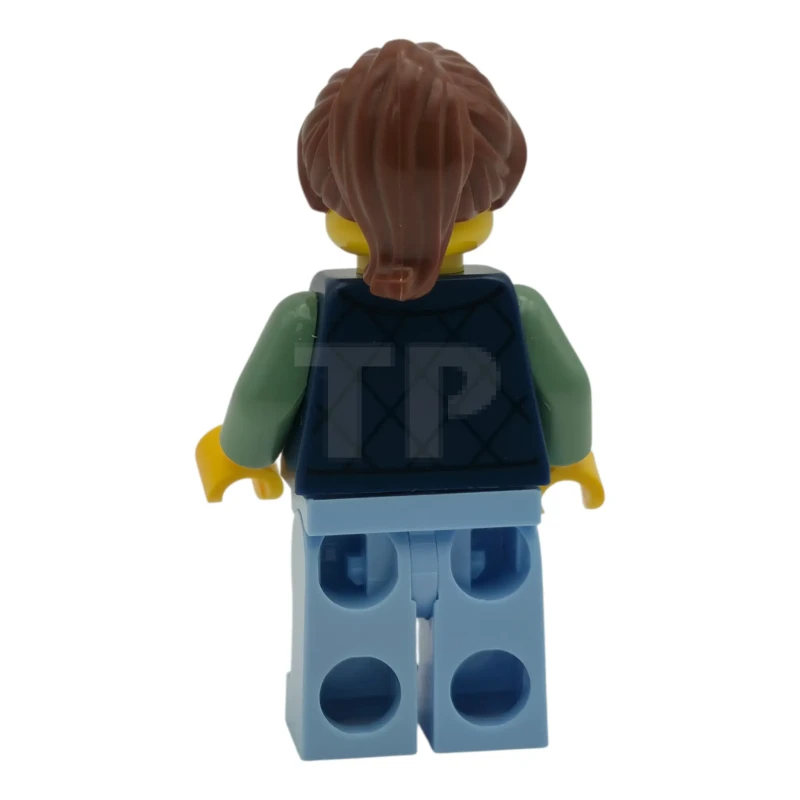 LEGO&reg; cty1952 Delivery Worker - Female, Dark Blue Bodywarmer over Sand Green Sweater, Bright Light Blue Legs, Reddish Brown Hair, Hearing Aid