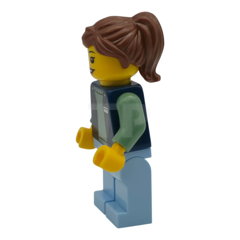 LEGO&reg; cty1952 Delivery Worker - Female, Dark Blue Bodywarmer over Sand Green Sweater, Bright Light Blue Legs, Reddish Brown Hair, Hearing Aid