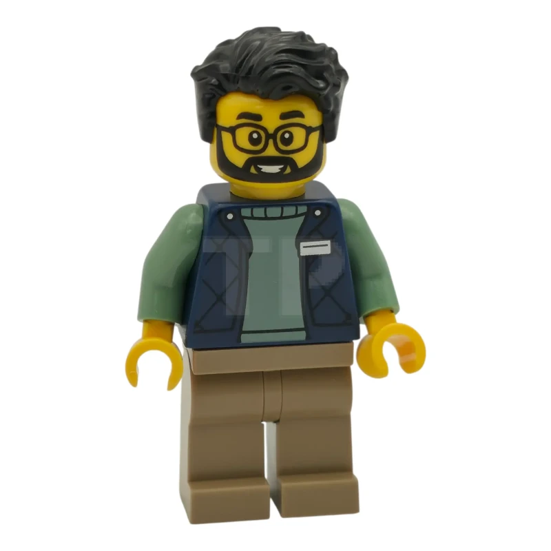 LEGO&reg; cty1951 Delivery Worker - Male, Dark Blue Bodywarmer over Sand Green Sweater, Dark Tan Legs, Black Hair