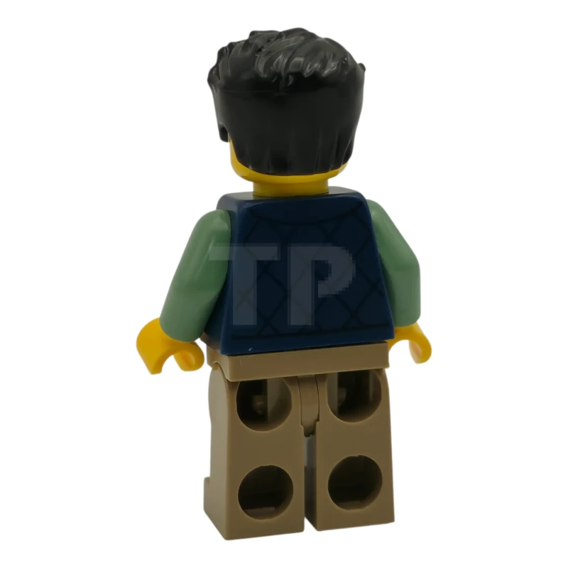 LEGO&reg; cty1951 Delivery Worker - Male, Dark Blue Bodywarmer over Sand Green Sweater, Dark Tan Legs, Black Hair