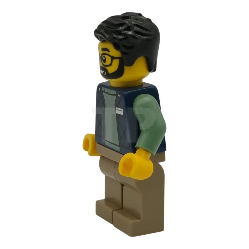 LEGO&reg; cty1951 Delivery Worker - Male, Dark Blue Bodywarmer over Sand Green Sweater, Dark Tan Legs, Black Hair