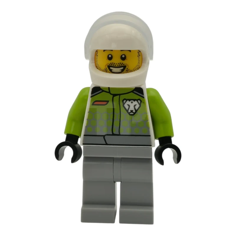 LEGO&reg; cty1994 Race Car Driver - Male, Lime Racing Suit with Leopard Logo, Light Bluish Gray Legs, White Helmet, Trans-Clear Visor, Beard Stubble, Open Mouth Smile
